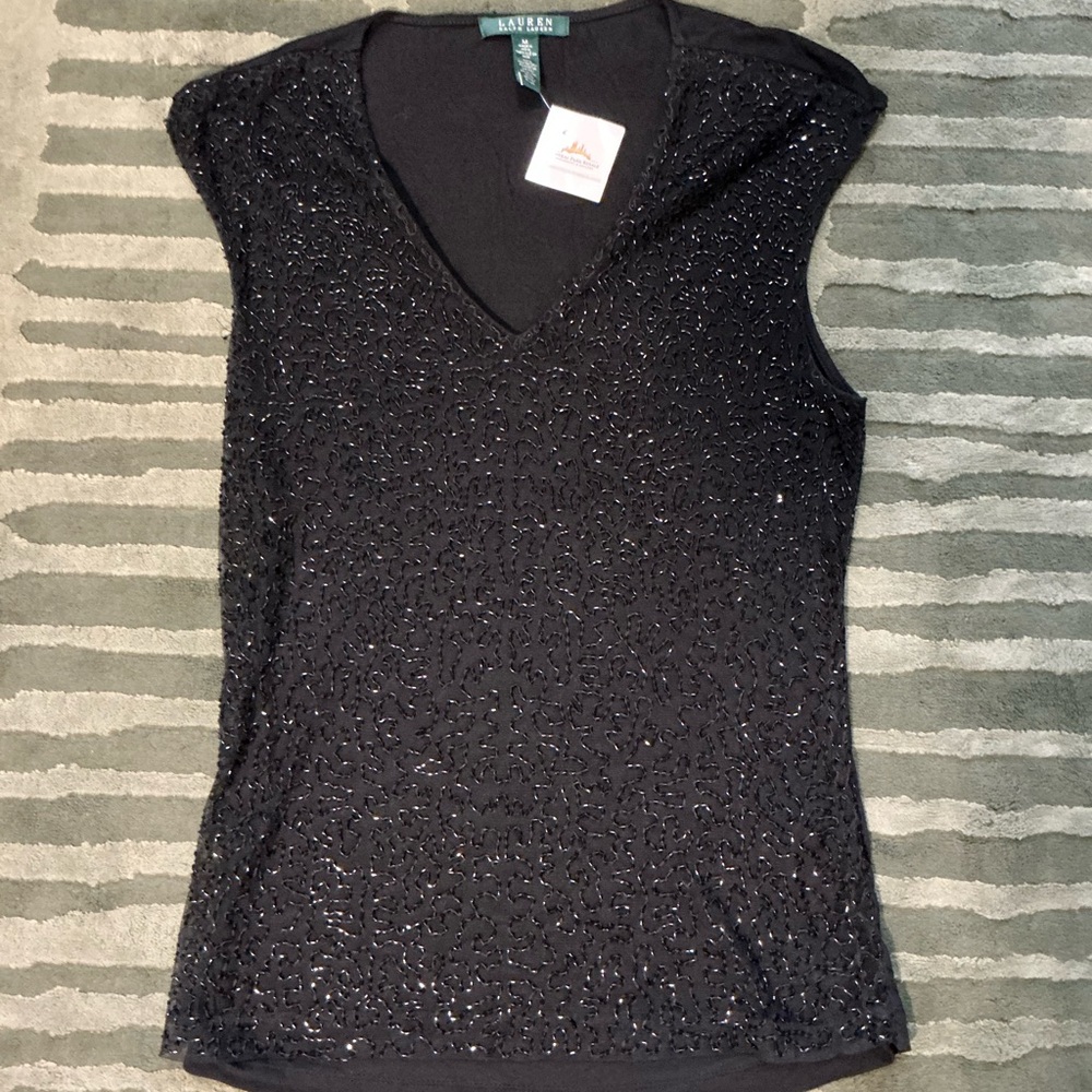 Lauren Ralph Lauren Black Beaded V-Neck Sleeveless Camisole